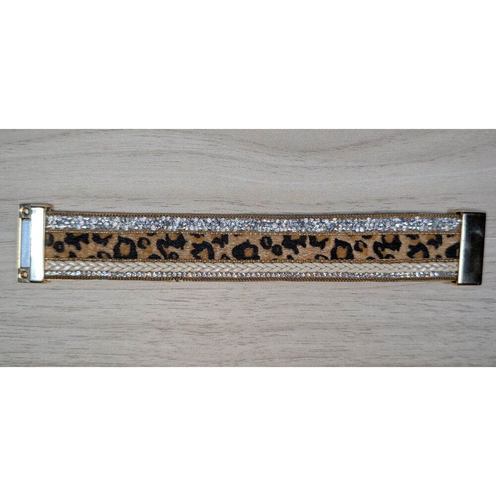 Leopard Print Multi Strand Bracelet Rhinestone Magnetic Clasp Statement